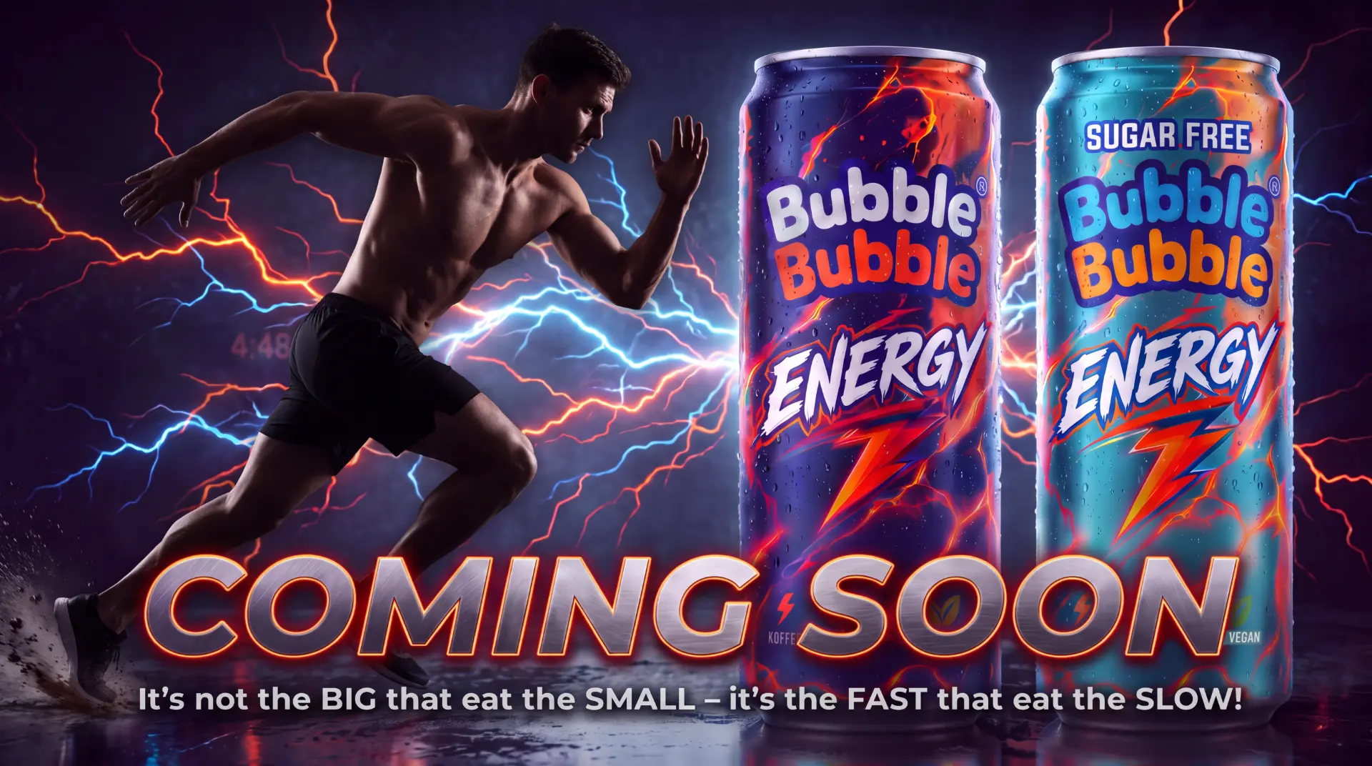 Bubble Bubble Energy Original und Sugar Free mit einem Läufer vor elektrischen Blitzen – Coming soon